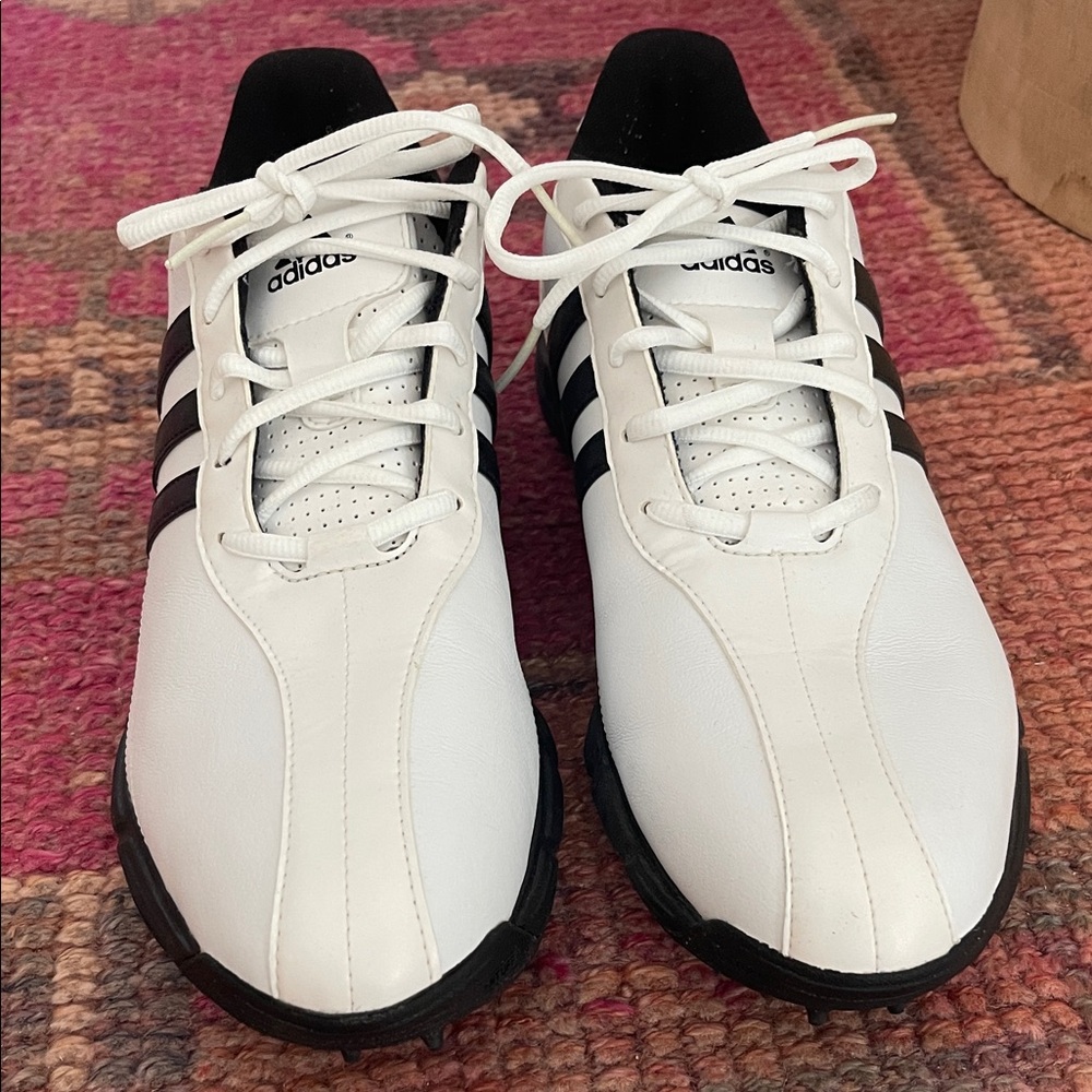 adidas White and Black Men's Golf Shoes with Signature Three Stripes - Picture 2 of 5